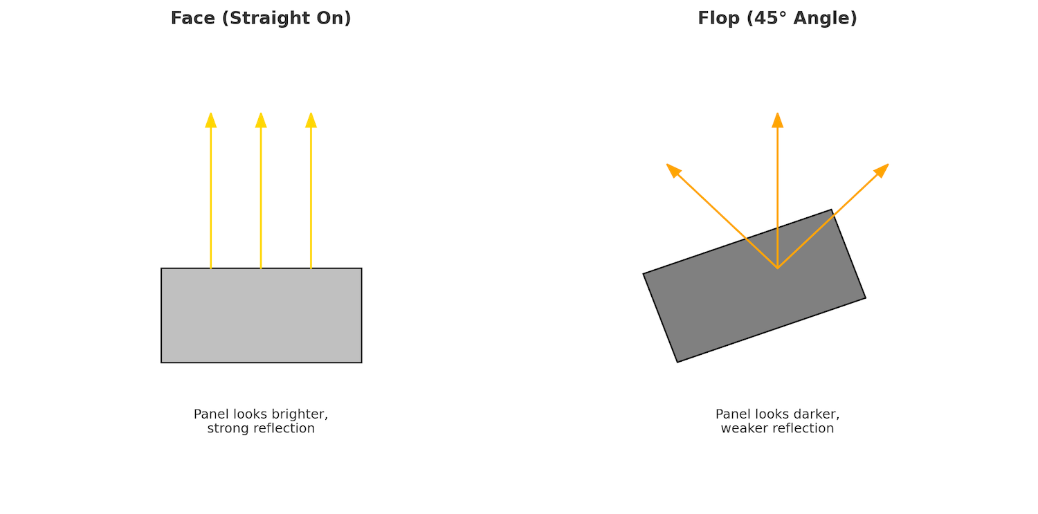 Graphic depicting face vs flop on automotive paint using angles directed outward.