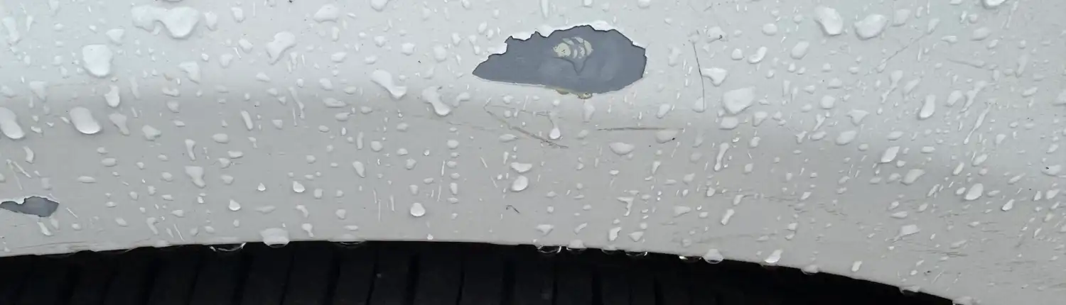 Small growing peeling chip on white car Peeling white paint chip on a white car fender