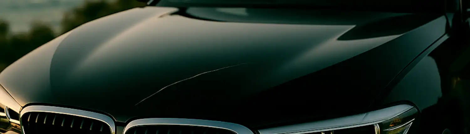 black hero 1660 Black automotive paint on a sedan hood at dusk, with a noticeable scratch cutting across the glossy surface and reflecting ambient light.