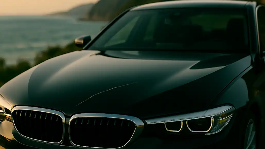 Black automotive paint on a sedan hood at dusk, with a noticeable scratch cutting across the glossy surface and reflecting ambient light.