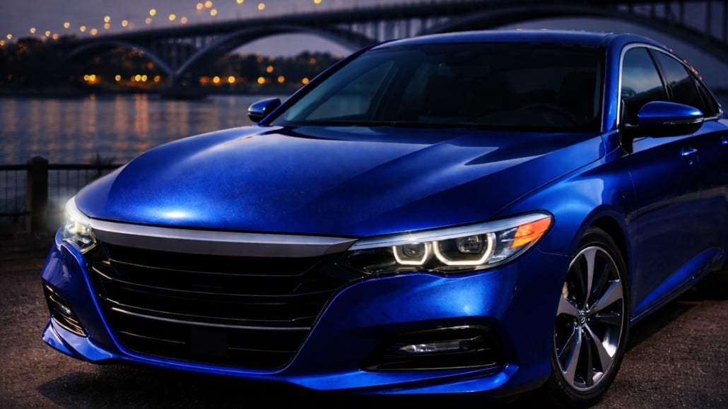 Close-up, front three-quarter view of a deep blue sedan at twilight, with soft light grazing the hood to reveal rich color depth and metallic sparkle.