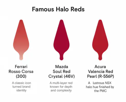 halo-reds-ferrari-mazda-acura-comparison-infographic Infographic comparing three iconic red automotive paints — Ferrari Rosso Corsa (300), Mazda Soul Red Crystal (46V), and Acura Valencia Red Pearl (R-556P). Each color swatch is labeled and annotated to show tone, depth, and layering complexity,