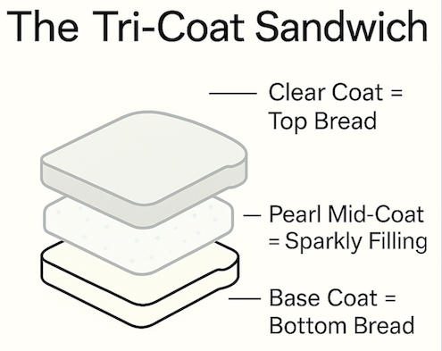 Diagram of a tri-coat automotive paint system shown as a sandwich: “Base Coat = Bottom Bread,” middle layer labeled “Pearl Mid-Coat = Sparkly Filling,” and top layer labeled “Clear Coat = Top Bread.”