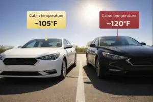 white and black car-heat test A black and a white car in high summer sun. Illustrative example of internal cabin temps varying by 15 degrees.