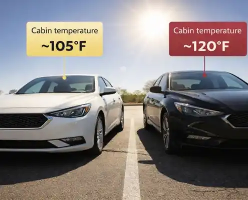 A black and a white car in high summer sun. Illustrative example of internal cabin temps varying by 15 degrees.