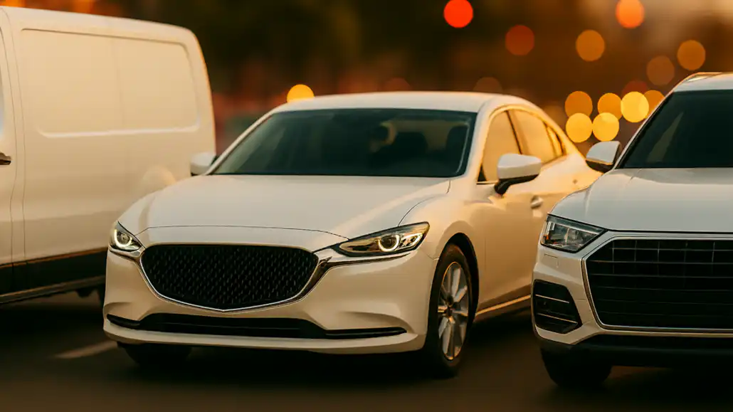 Three white vehicles parked in warm evening light, showing white automotive finishes from simple solid whites to deep, pearl tri-coat, and metallic white that reflect differently under various lighting.