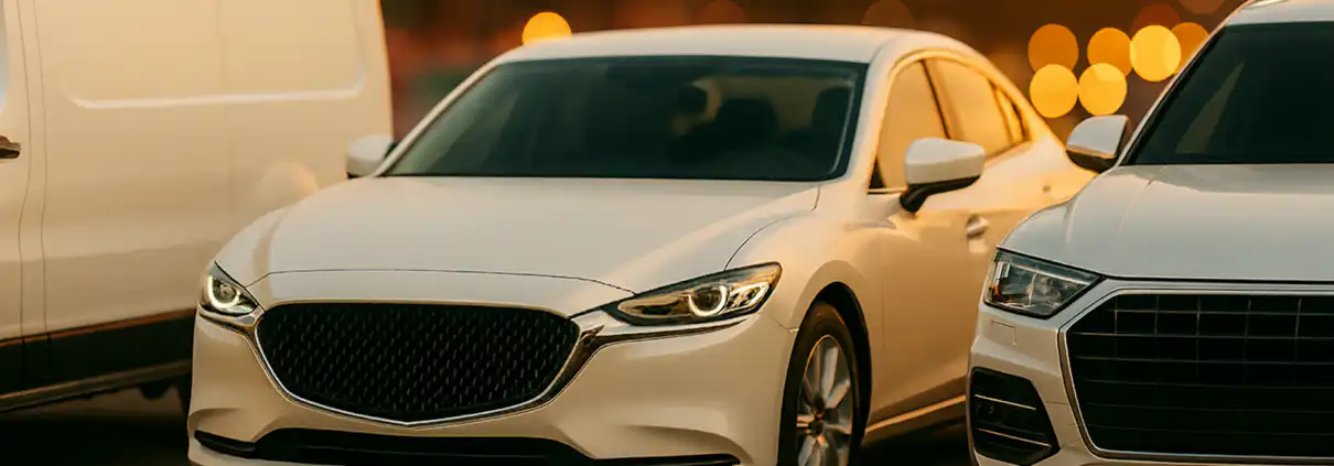 Three white vehicles parked in warm evening light, showing white automotive finishes from simple solid whites to deep, pearl tri-coat, and metallic white that reflect differently under various lighting.