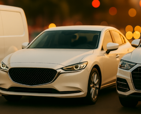 Three white vehicles parked in warm evening light, showing white automotive finishes from simple solid whites to deep, pearl tri-coat, and metallic white that reflect differently under various lighting.