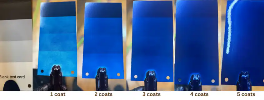 Blue automotive paint coverage shown from one to five light coats on a test card — color coverage deepens with each layer.