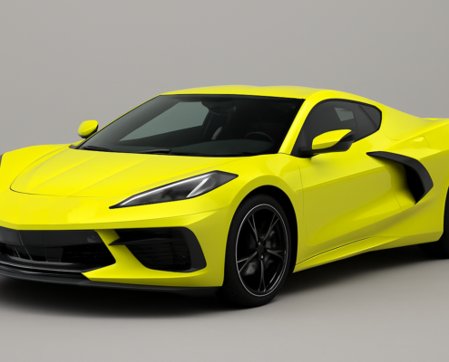 Three-quarter front view of a bright yellow sports car in a studio render, showing the vivid Accelerate Yellow finish under neutral lighting.