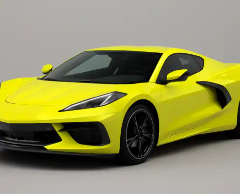Corvette C8 Stingray in Accelerate Yellow Three-quarter front view of a bright yellow sports car in a studio render, showing the vivid Accelerate Yellow finish under neutral lighting.