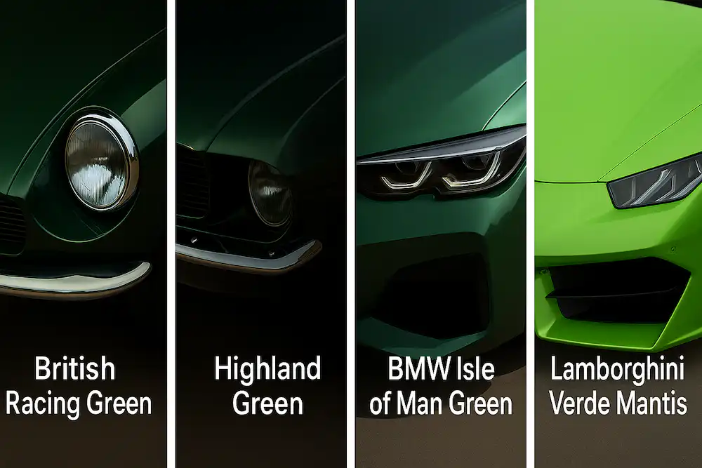 Four iconic green automotive paint colors shown side by side: British Racing Green (heritage emerald), Highland Green (Bullitt Mustang shade, nearly black in low light), BMW Isle of Man Green (modern pearl with teal highlights), and Lamborghini Verde Mantis (neon-bright pearl).