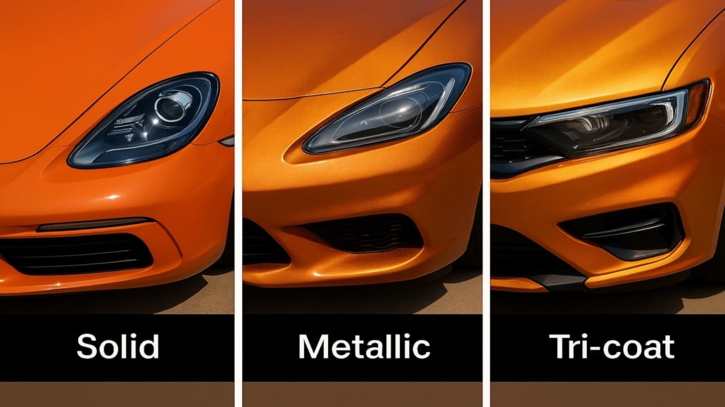 Side-by-side comparison of three orange car hoods showing differences between solid, metallic, and tri-coat finishes, illustrating how light and paint layering affect depth, brightness, and color intensity.