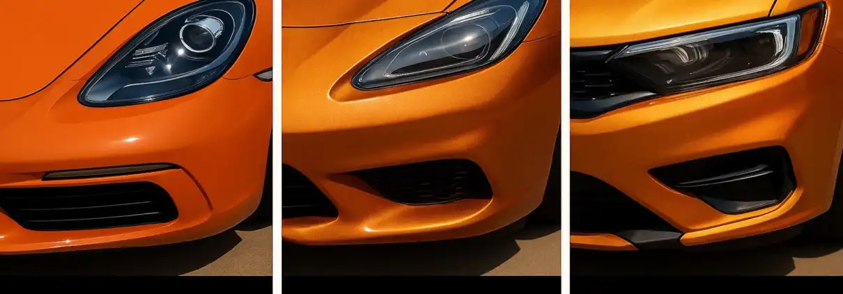 Side-by-side comparison of three orange car hoods showing differences between solid, metallic, and tri-coat finishes, illustrating how light and paint layering affect depth, brightness, and color intensity.