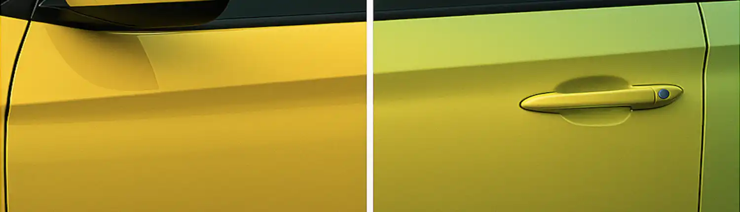 yellow-hero-1920-1080 Side-by-side close-up of a yellow car door showing how lighting changes the paint’s tone — appearing warmer and orange on one side and cooler, greenish-yellow on the other — illustrating how yellow paint shifts with light and perception.