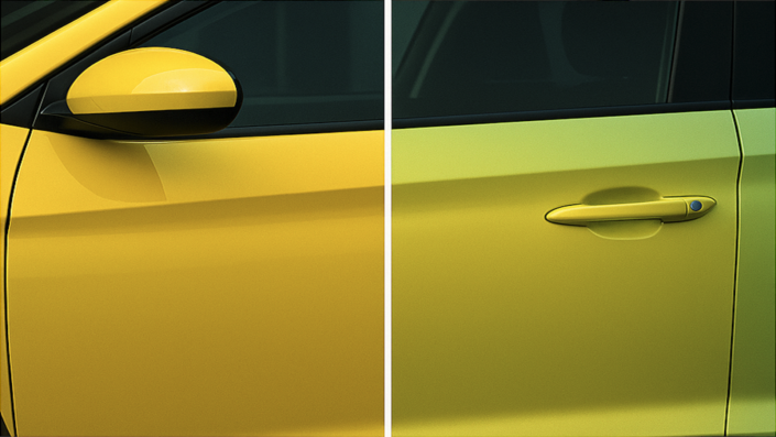 Side-by-side close-up of a yellow car door showing how lighting changes the paint’s tone — appearing warmer and orange on one side and cooler, greenish-yellow on the other — illustrating how yellow paint shifts with light and perception.
