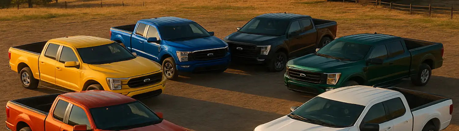 hero-why-color-matters Six pick-up trucks painted in vivid colors — red, yellow, blue, black, green, and white — arranged in a circle like a color wheel, representing the ScratchesHappen Color Series.