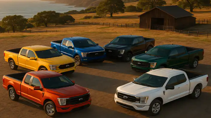 Six pick-up trucks painted in vivid colors — red, yellow, blue, black, green, and white — arranged in a circle like a color wheel, representing the ScratchesHappen Color Series.