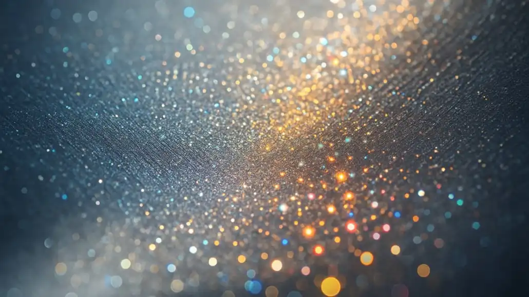 Extreme close-up of shimmering automotive paint surface showing fine metallic and pearlescent particles that shift color under light, illustrating the nano-scale science behind premium finishes.