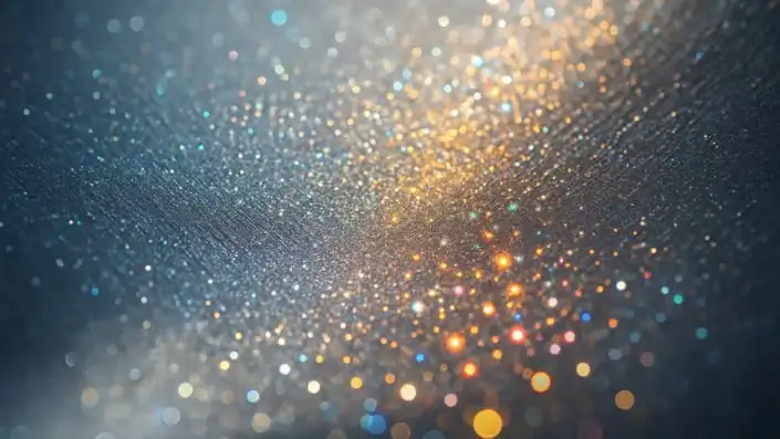 Extreme close-up of shimmering automotive paint surface showing fine metallic and pearlescent particles that shift color under light, illustrating the nano-scale science behind premium finishes.