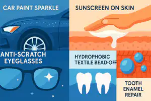 nanotechnology-in-everyday-life-collage. Collage showing everyday nanotechnology applications — sunscreen, eyeglass coatings, stain-repellent textiles, and toothpaste.